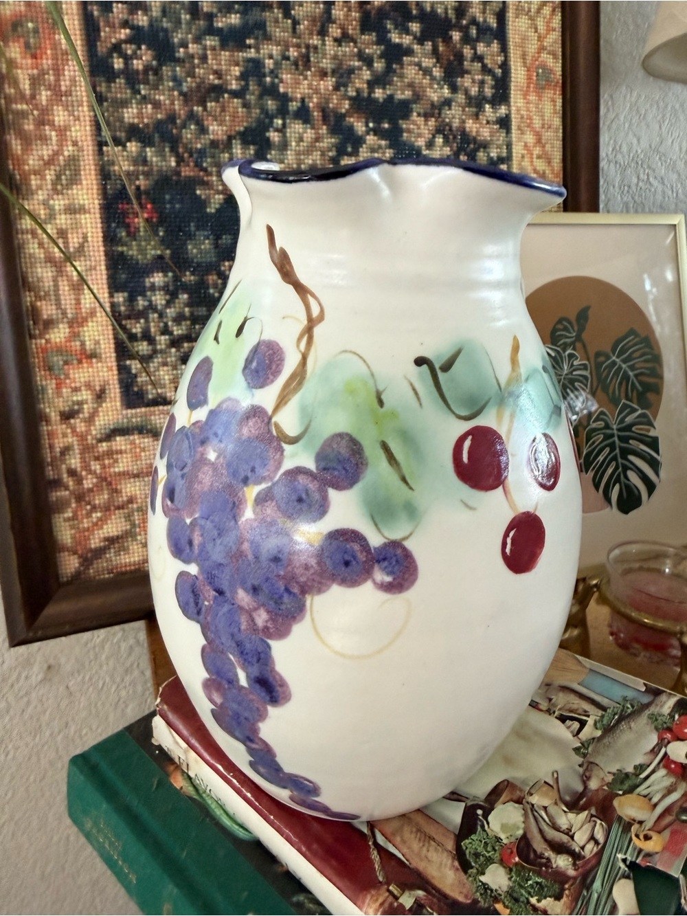 Vintage 1997 Clouds of Folsom Hand-Painted Fruit Pottery Pitcher / Vase - Picture 3 of 10